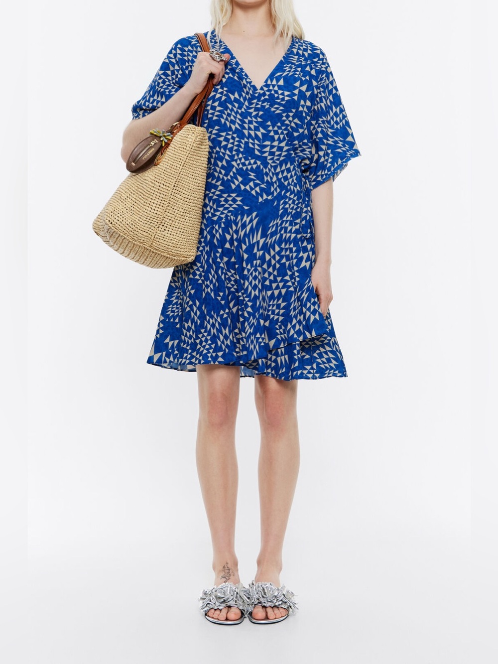 Bimba y Lola Blue Printed V-Neck Mini Dress Size Medium